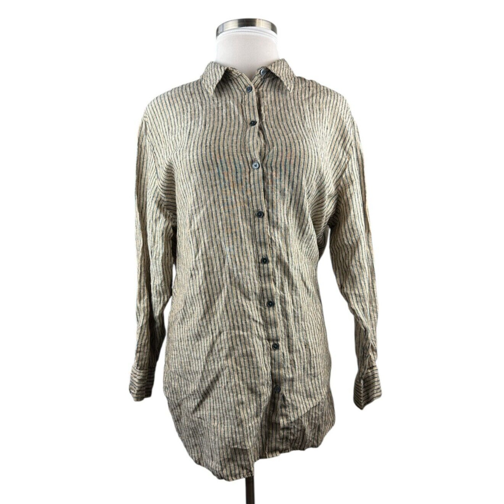 Boden Linen Button Front Long Tunic Top Metallic Stripe Shirt US Size 16/18 R - Picture 7 of 14
